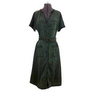 Lucky Brand Linen Blend Army Green Button Closure Pockets Belted Midi Dress S